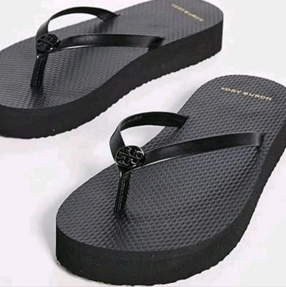 Tory Burch Flatform Flip Flops Logo Black Leather Straps Sandals Shoes 8 Women's